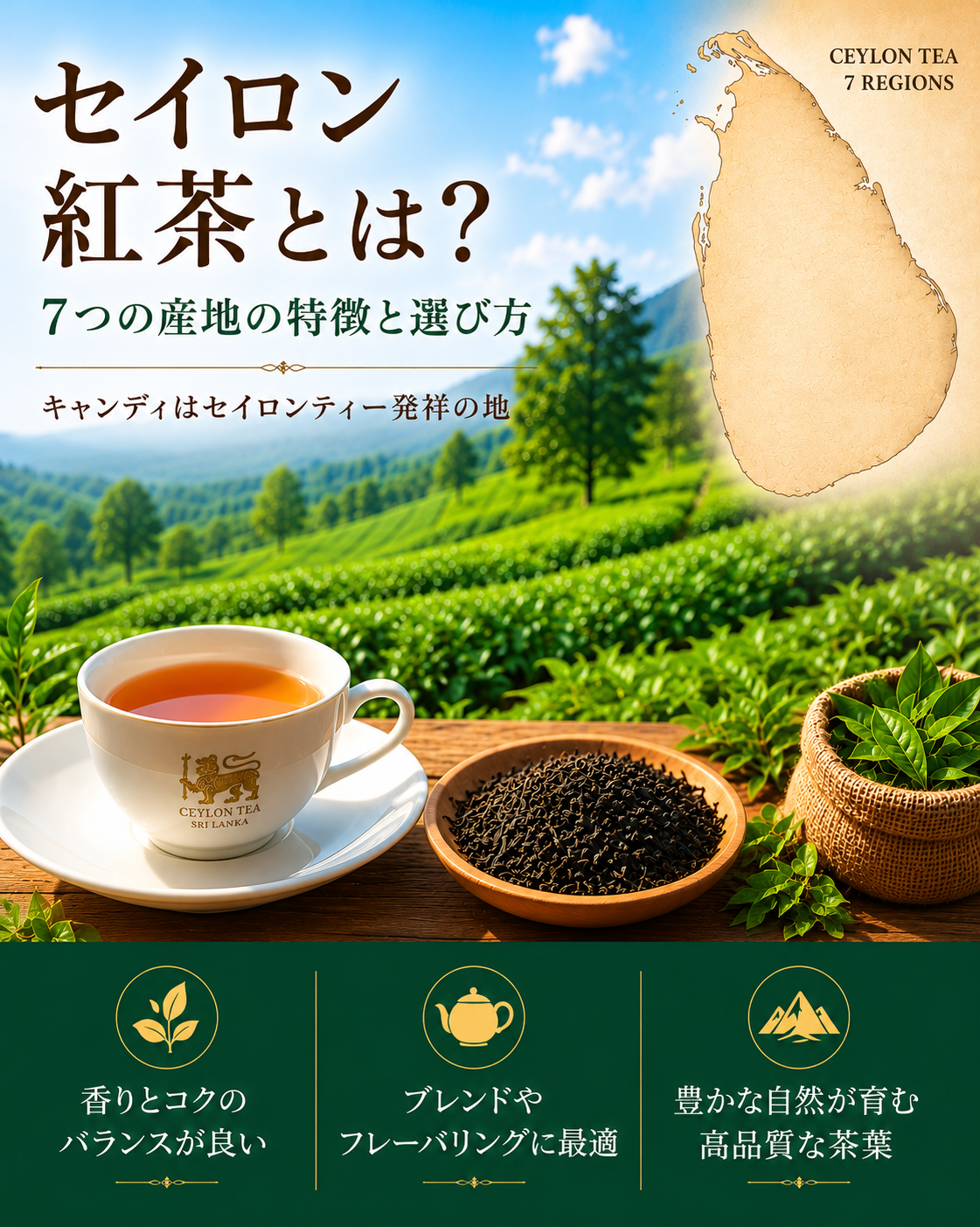 セイロン紅茶とは？ セイロン紅茶は、現在のスリランカで生産される紅茶の総称です。 「セイロン」という名前は世界中で親しまれていますが、その味わいは一種類ではありません。 実は、産地によって香りやコク、渋みなどの特徴が大き [&hellip;]