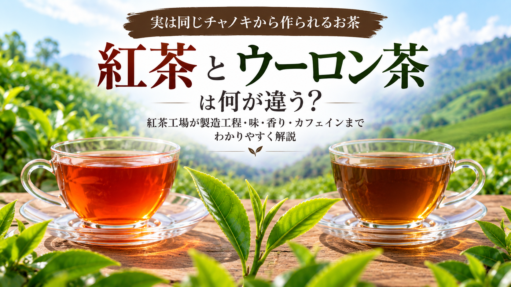 紅茶とウーロン茶の違いを解説する記事のTOP画像。緑豊かな茶園を背景に、赤橙色の紅茶と濃い赤茶色のウーロン茶を入れたガラスカップが並び、中央には同じチャノキから作られることを示す新芽が描かれている。