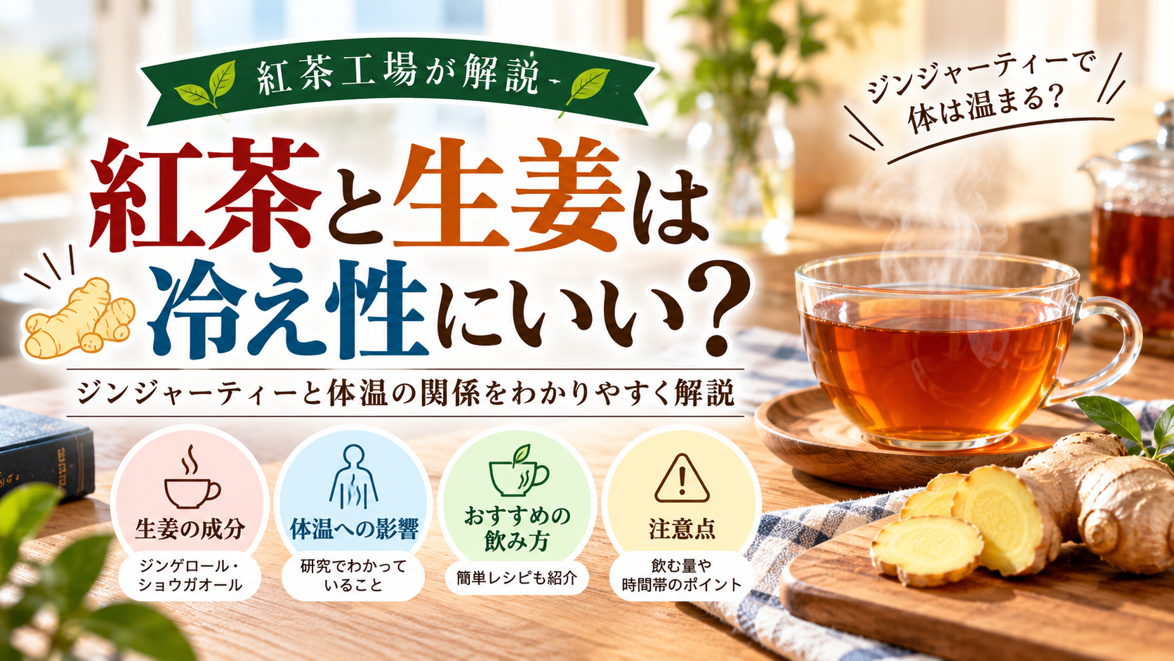 紅茶と生姜は冷え性にいいのか、生姜の成分やジンジャーティーと体温の関係、おすすめの飲み方や注意点を紅茶工場が解説するイメージ